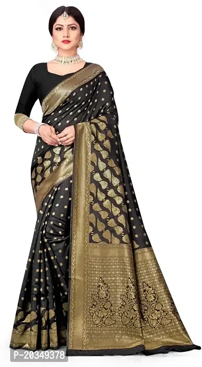 Mahakay Women's Banarasi Synthetic Art Silk Saree with Unstitched Blouse Piece - Zari Woven Work Sarees for Wedding Wear, Party Wear (Black)