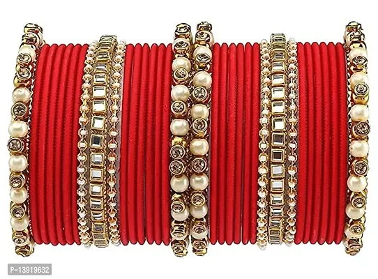 DONERIA Metal Base Metal with Zircon Gemstone Or Pearl worked and Linked with Ball Chain Glossy Finished Bangle Set For Women and Girls, (Red_2.2 Inches), Pack Of 34 Bangle Set
