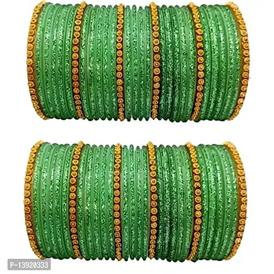 DONERIA Glass with Beads and Spread with Glitter Pattern Glossy Finished Bangle Set For Women and Girls, (Green_2.4 Inches), Pack Of 60 Bangle Set
