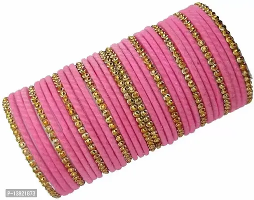 DONERIA Glass with Velvet Or Beads worked Glossy Finished Bangle Set For Women and Girls, (Pink_2.8 Inches), Pack Of 36 Bangle Set-thumb3
