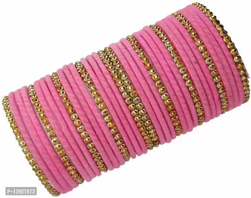 DONERIA Glass with Velvet Or Beads worked Glossy Finished Bangle Set For Women and Girls, (Pink_2.8 Inches), Pack Of 36 Bangle Set-thumb0