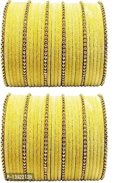 DONERIA Glass with Velvet worked and Linked with Ball Chain Glossy Finished Bangle Set For Women and Girls, (Yellow_2.8 Inches), Pack Of 52 Bangle Set-thumb0