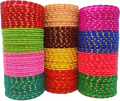 DONERIA Glass with Velvet worked Or Polka Dots and 12 Different Trendy Colors Glossy Finished Bangle Set For Women and Girls-thumb3