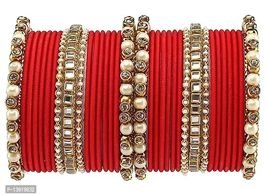 DONERIA Metal Base Metal with Zircon Gemstone Or Pearl worked and Linked with Ball Chain Glossy Finished Bangle Set For Women and Girls, (Red_2.2 Inches), Pack Of 34 Bangle Set-thumb5