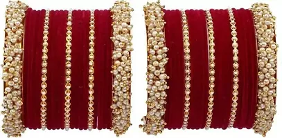 DONERIA Non-Precious Metal Base Metal with Pearl Or Velvet worked Glossy Finished Bangle Set For Women and Girls, (Maroon_2.2 Inches), Pack Of 42 Bangle Set-thumb3