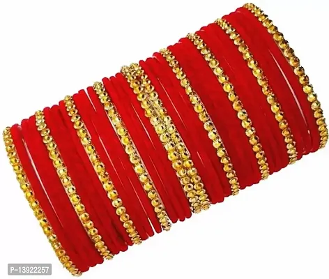 DONERIA Glass with Velvet Or Beads worked Glossy Finished Bangle Set For Women and Girls, (Red_2.8 Inches), Pack Of 36 Bangle Set