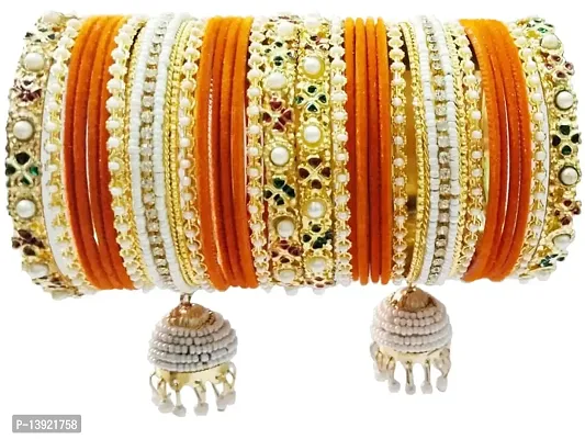 DONERIA Metal Base Metal with Zircon Gemstone Or Velvet worked and Ball Chain with Jhumki Type Latkan Bangle Set For Women and Girls-thumb4