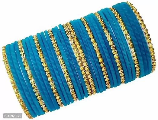 DONERIA Glass with Velvet Or Beads worked Glossy Finished Bangle Set For Women and Girls, (Blue_2.8 Inches), Pack Of 36 Bangle Set
