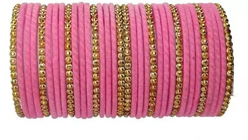 DONERIA Glass with Velvet Or Beads worked Glossy Finished Bangle Set For Women and Girls, (Pink_2.8 Inches), Pack Of 36 Bangle Set-thumb1