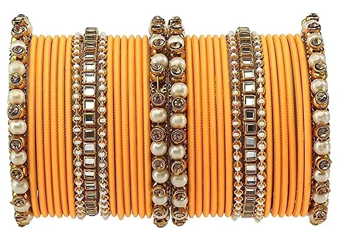 DONERIA Metal Base Metal with Zircon Gemstone Or Pearl worked and Linked with Ball Chain Glossy Finished Bangle Set For Women and Girls, (Haldi_2.8 Inches), Pack Of 34 Bangle Set