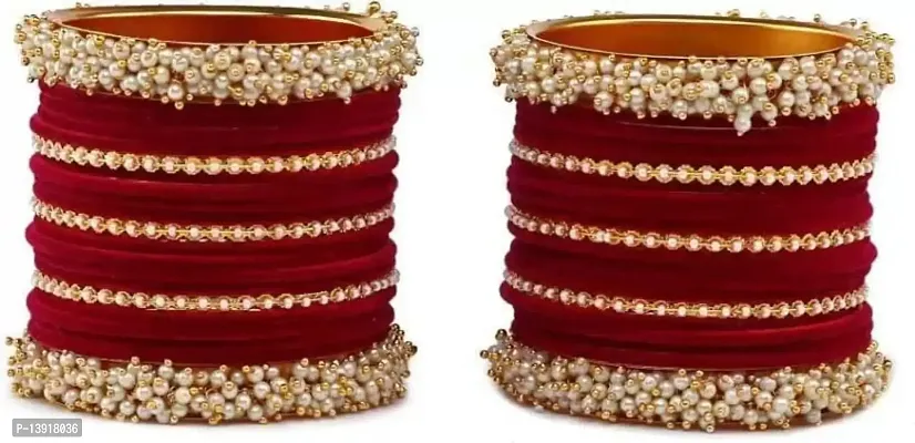 DONERIA Non-Precious Metal Base Metal with Pearl Or Velvet worked Glossy Finished Bangle Set For Women and Girls, (Maroon_2.2 Inches), Pack Of 42 Bangle Set-thumb2