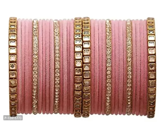 DONERIA Metal Base Metal with Velvet worked Studded with Zircon Gemstone Or Beads Glossy Finished Bangle Set For Women and Girls-thumb0