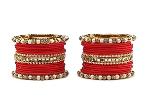 DONERIA Metal Base Metal with Zircon Gemstone Or Pearl worked and Linked with Ball Chain Glossy Finished Bangle Set For Women and Girls, (Red_2.2 Inches), Pack Of 34 Bangle Set-thumb1