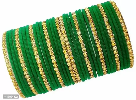 DONERIA Glass with Velvet Or Beads worked Glossy Finished Bangle Set For Women and Girls, (Green_2.8 Inches), Pack Of 36 Bangle Set