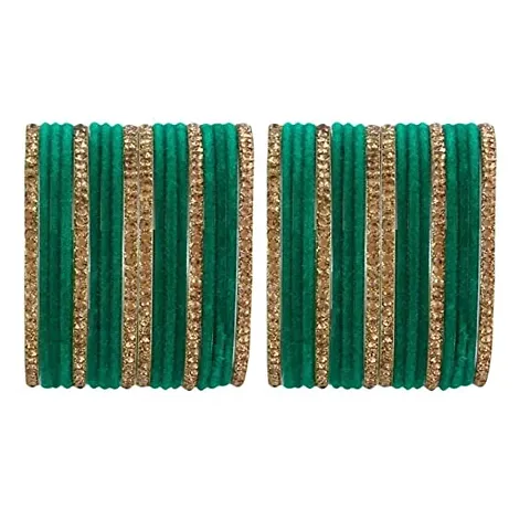 DONERIA Metal with Zircon Gemstone Or Velvet worked Bangle Set For Women and Girls, (Green_2.4 Inches), Pack Of 36 Bangle Set