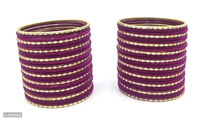 DONERIA Metal Base Metal with Velvet worked and Cutting Shaped Bangle Set For Women and Girls, (Purple_2.2 Inches), Pack Of 56 Bangle Set-thumb0