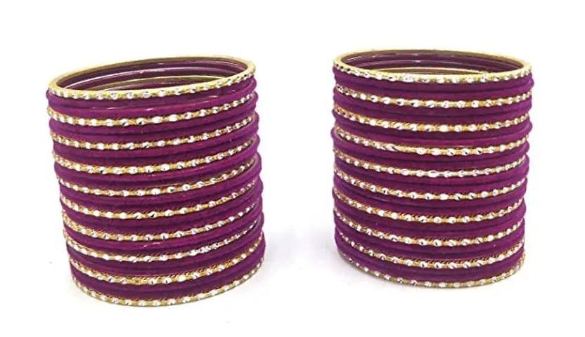 DONERIA Metal Base Metal with Velvet worked and Cutting Shaped Bangle Set For Women and Girls, (Purple_2.6 Inches), Pack Of 56 Bangle Set