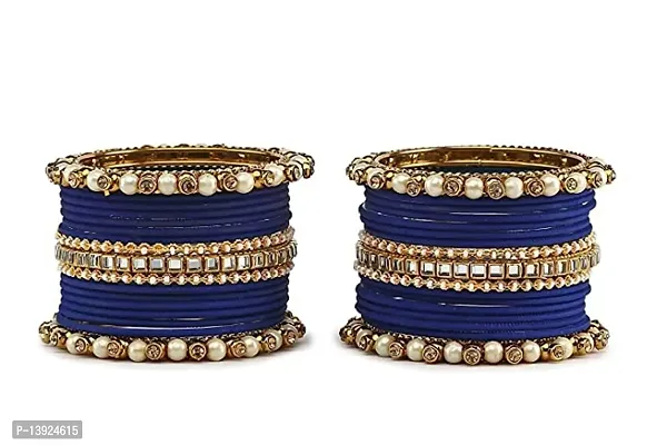 DONERIA Metal Base Metal with Zircon Gemstone Or Pearl worked and Linked with Ball Chain Glossy Finished Bangle Set For Women and Girls, (Blue_2.8 Inches), Pack Of 34 Bangle Set-thumb4