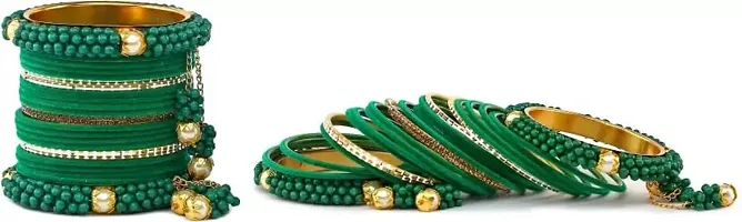 DONERIA Metal with Zircon Gemstone Or Velvet worked Glossy Finished Latkan Bangle Set For Women and Girls, (Green_2.2 Inches), Pack Of 42 Bangle Set-thumb2