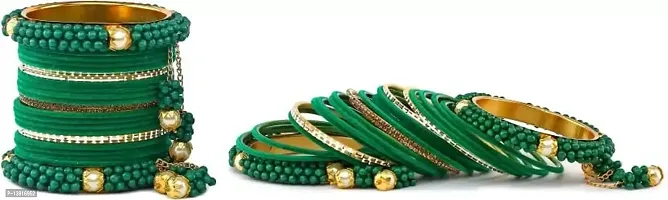 DONERIA Metal with Zircon Gemstone Or Velvet worked Glossy Finished Latkan Bangle Set For Women and Girls, (Green_2.2 Inches), Pack Of 42 Bangle Set-thumb3