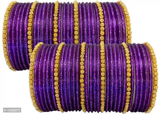 DONERIA Glass with Beads and Spread with Glitter Pattern Glossy Finished Bangle Set For Women and Girls, (Purple_2.6 Inches), Pack Of 60 Bangle Set