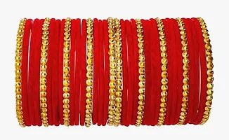 DONERIA Glass with Velvet Or Beads worked Glossy Finished Bangle Set For Women and Girls, (Red_2.8 Inches), Pack Of 36 Bangle Set-thumb3