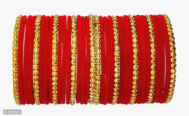 DONERIA Glass with Velvet Or Beads worked Glossy Finished Bangle Set For Women and Girls, (Red_2.8 Inches), Pack Of 36 Bangle Set-thumb4