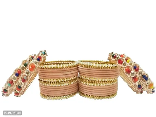 DONERIA Metal Base Metal and Zircon Gemstone Studded with Pearl Or Velvet worked and Linked with Ball Chain Glossy Finished Bangle Set For Women and Girls, (Peach_2.6 Inches), Pack Of 38 Bangle Set-thumb4