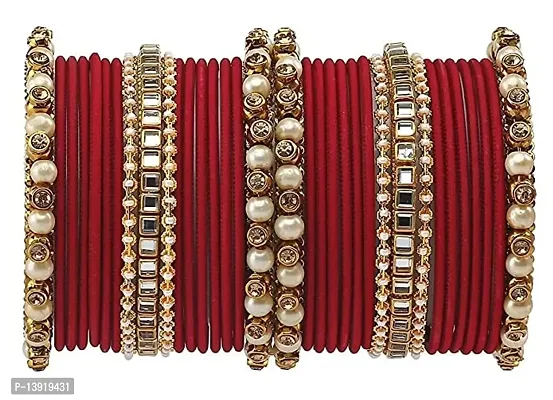 DONERIA Metal Base Metal with Zircon Gemstone Or Pearl worked and Linked with Ball Chain Glossy Finished Bangle Set For Women and Girls