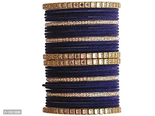 DONERIA Metal Base Metal with Velvet worked Studded with Zircon Gemstone Or Beads Glossy Finished Bangle Set For Women and Girls-thumb3