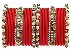 DONERIA Metal Base Metal with Zircon Gemstone Or Pearl worked and Linked with Ball Chain Glossy Finished Bangle Set For Women and Girls, (Red_2.2 Inches), Pack Of 34 Bangle Set-thumb2