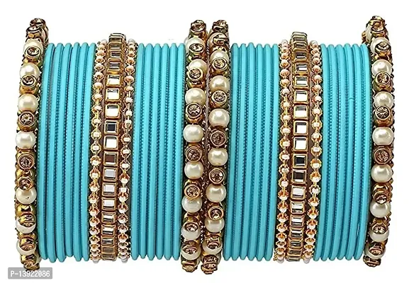 DONERIA Metal Base Metal with Zircon Gemstone Or Pearl worked and Linked with Ball Chain Glossy Finished Bangle Set For Women and Girls, (SkyBlue_2.2 Inches), Pack Of 34 Bangle Set