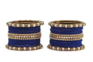 DONERIA Metal Base Metal with Zircon Gemstone Or Pearl worked and Linked with Ball Chain Glossy Finished Bangle Set For Women and Girls, (Blue_2.8 Inches), Pack Of 34 Bangle Set-thumb1