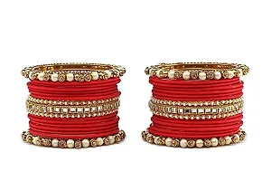 DONERIA Metal Base Metal with Zircon Gemstone Or Pearl worked and Linked with Ball Chain Glossy Finished Bangle Set For Women and Girls, (Red_2.2 Inches), Pack Of 34 Bangle Set-thumb3