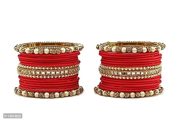 DONERIA Metal Base Metal with Zircon Gemstone Or Pearl worked and Linked with Ball Chain Glossy Finished Bangle Set For Women and Girls, (Red_2.2 Inches), Pack Of 34 Bangle Set-thumb4