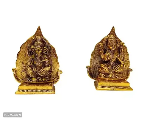 India Metal Laxmi Ganesh Idol on Leaf Singhasan Gold Plated Lakshmi Ganesha Set Pack of 2