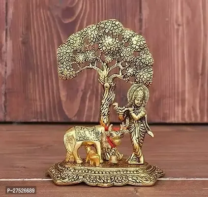 Metal Krishna with Cow Standing Under Tree Plying Flute Decorative Showpiece-thumb0