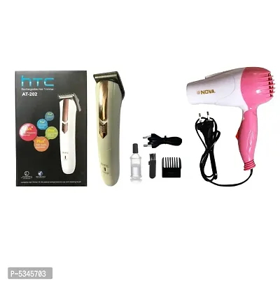 HTC AT-202 Runtime: 45 min Rechargeable Trimmer for Men and Nova NV-1290 Professional Foldable 1000w Hair Dryer Pack of 2 Combo-thumb0