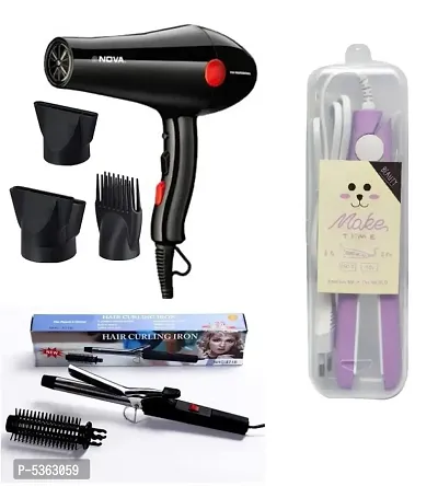 Nova 1800W Professional Hot and Cold Hair Dryers and Nova Professional Electric 471B Hair Curler and Make Time Mini Hair Straghtner Pack of 3 Combo