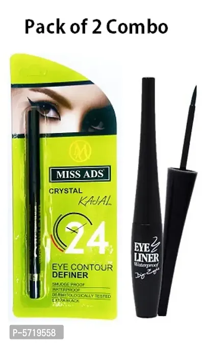 Miss ADS Crystal 24Hr Kajal and Aver Beauty Waterproof  Long Lasting Liquid Eyeliner Pack of 2 Combo (Multicolor)-thumb0