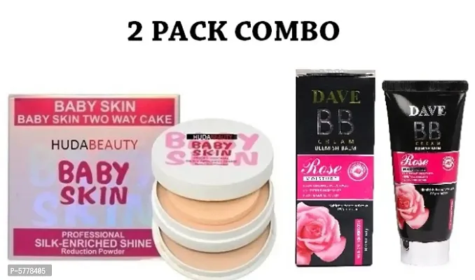 Hudabeauty Baby Skin 2 In One Compact Powder and Dave BB Blemish Balm Cream 60g Foundation Pack of 2 Combo