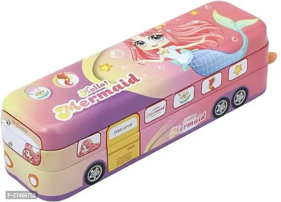 School Bus Shape Metal Pencil Box for Kids Mermaid Design with Moving Tyers Pull and Go Pencil Geometry Box (Multicoloured)-thumb0