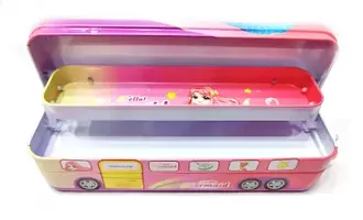 School Bus Shape Metal Pencil Box for Kids Mermaid Design with Moving Tyers Pull and Go Pencil Geometry Box (Multicoloured)-thumb1