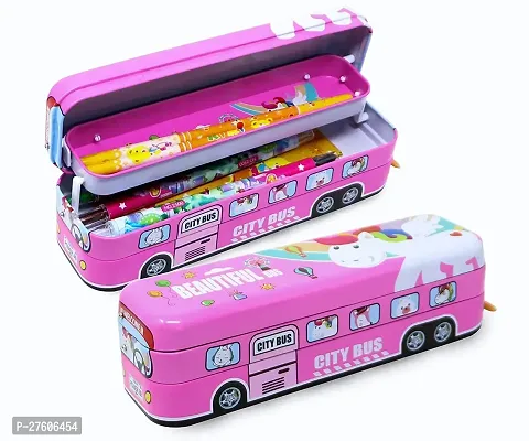 Double Decker Bus Style Three Layer Metal Pencil Box, Multicolor Pencil Case for Kids-thumb0