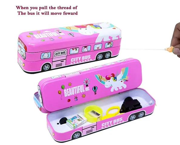 Double Decker Bus Style Three Layer Metal Pencil Box, Multicolor Pencil Case for Kid