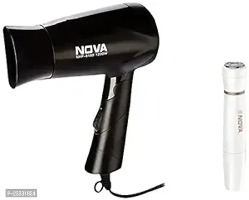 Nova NHP 8100 Silky Shine 1200 Watts Hot and Cold Foldable Hair Dryer- Black  Nova NLS 531 Sensi Trim Facial Epilator Battery Operated for Women (White) Combo