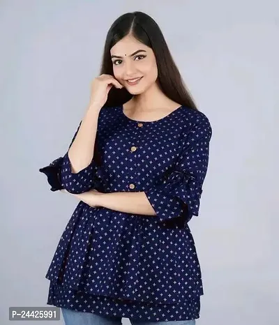 Elite Navy Blue Rayon Printed Tunic For Women