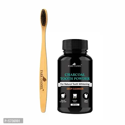 Natural Bamboo Wooden ECO Friendly Charcoal Toothbrush with Soft Medium Bristles(01 Pc.) And Activated Charcoal Tooth Powder 50gms-thumb0