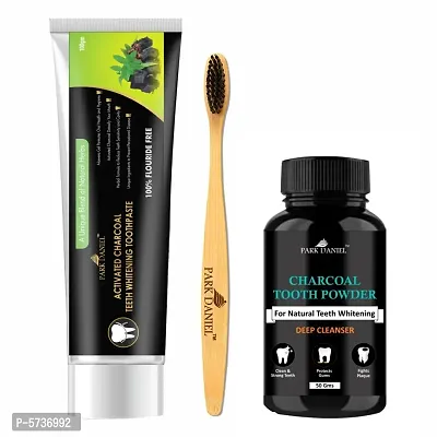 Natural Bamboo Wooden ECO Friendly Charcoal Toothbrush with Soft Medium Bristles(01 Pc.) AndActivated Charcoal Teeth Whitening Toothpaste (100gm) And Activated Charcoal Tooth Powder 50gms-thumb0