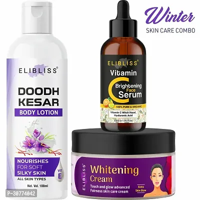 Elibliss Doodh Kesar Body Lotion+Vitamin C Serum+Whitening Cream Combo for All Skin Type-thumb0